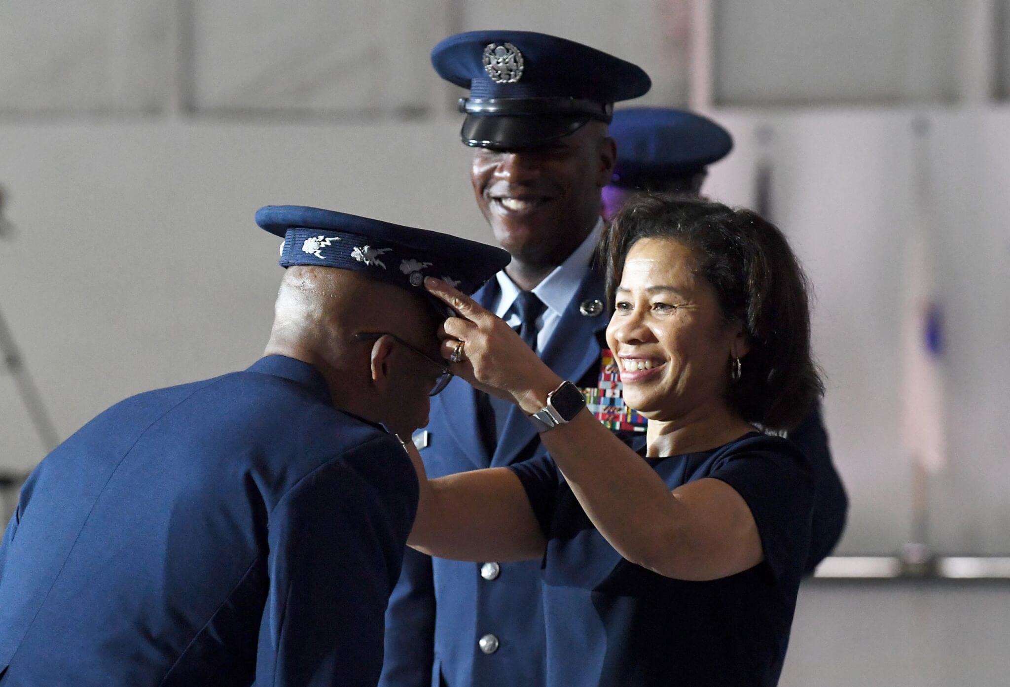 Sharene Brown, spouse of incoming Air Force Chief of Staff Gen. Charles Q. Brown Jr., presents the official Air Force Chief of Staff service cap to Air Force Chief of Staff General Charles Q. Brown during the CSAF transition ceremony at Joint Base Andrews, Maryland, Aug. 6, 2020. Brown is the 22nd Chief of Staff of the Air Force. (U.S. Air Force photo by Staff Sgt. Chad Trujillo)