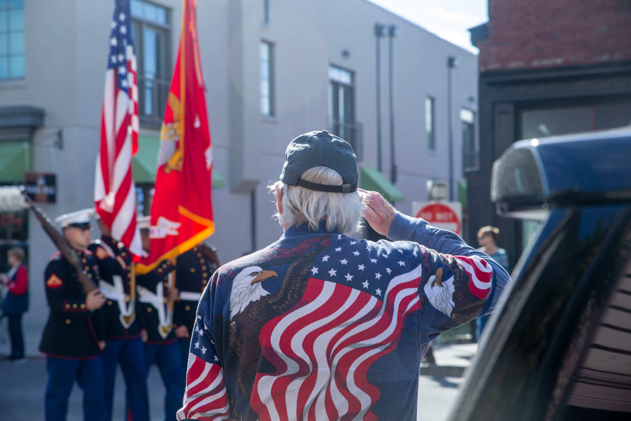 Marines stationed in the Beaufort area participated in the Veterans Day parade in Beaufort, South Carolina, Nov. 11, 2021. The Veterans Day Parade was observed by veterans, Service members and residents of Beaufort and showed support for members of the armed forces. (U.S. Marine Corps photo by Cpl. Hernan Rodriguez)