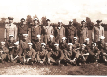 Navy Lt. Donald K. Johnson, far left in back row, and his Seabees unit in France. Photo courtesy: Diane Covington-Carter