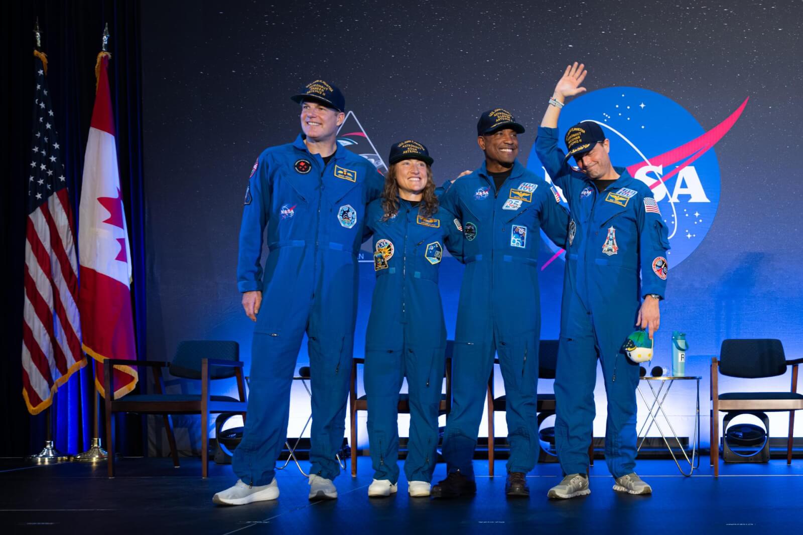The Artemis II crew of Mission Specialist Jeremy Hansen from the CSA (Canadian Space Agency) and Mission Specialist Christina Koch, Pilot Victor Glover, and Commander Reid Wiseman from NASA are seen during a crew return event at Ellington Field in Houston, Texas.